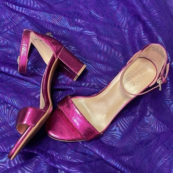 NATURALIZER SANDALS VERA DRESS SHOES Fuchsia Pink Leather Block Heel Metallic 7W - Picture 4 of 14